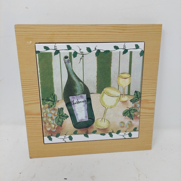 Chardonnay Wine Green Brown Framed Trivet Tile Wall Hanging Kitchen Decor - Picture 1 of 8